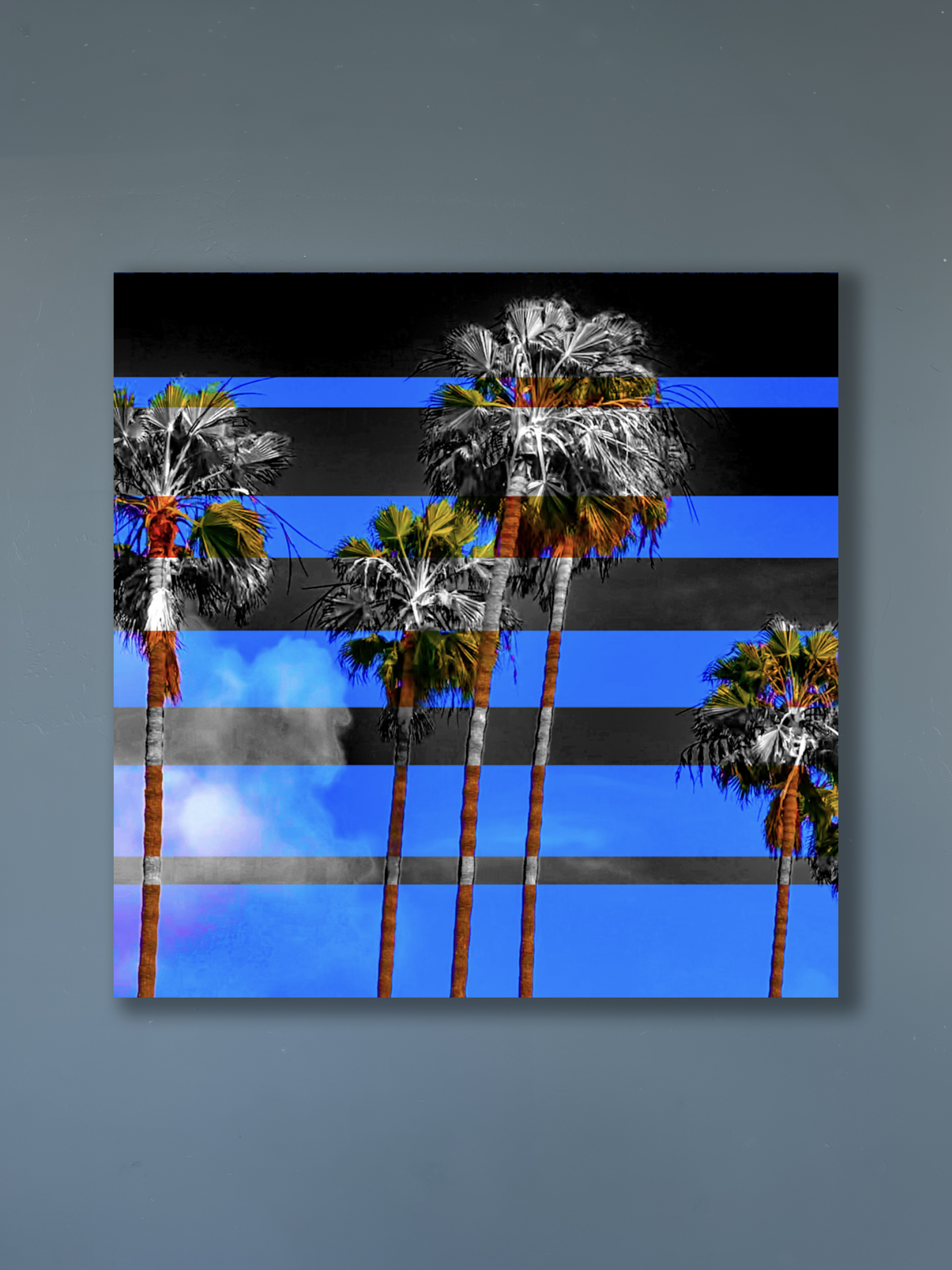 'Palm Trees Contrast' original metal sculpture by Jon Savage, featuring hand-ground textures and coastal silhouettes in Little Italy.