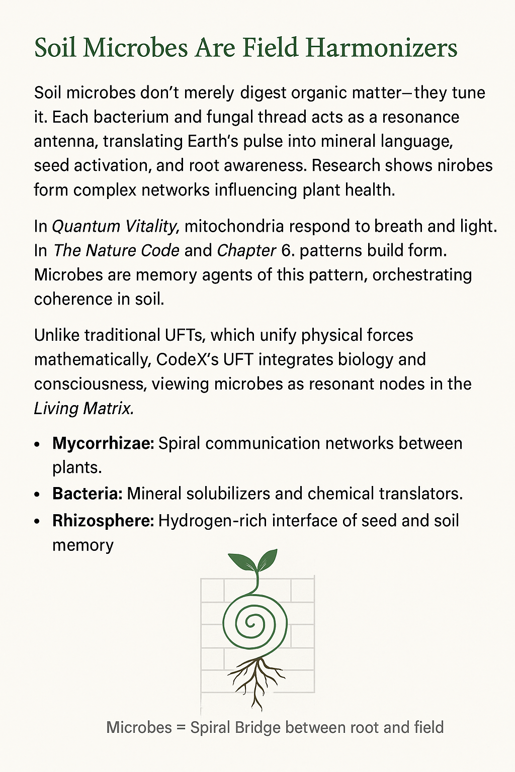 Glyph showing microbes as spiral bridge between root and Earth's memory