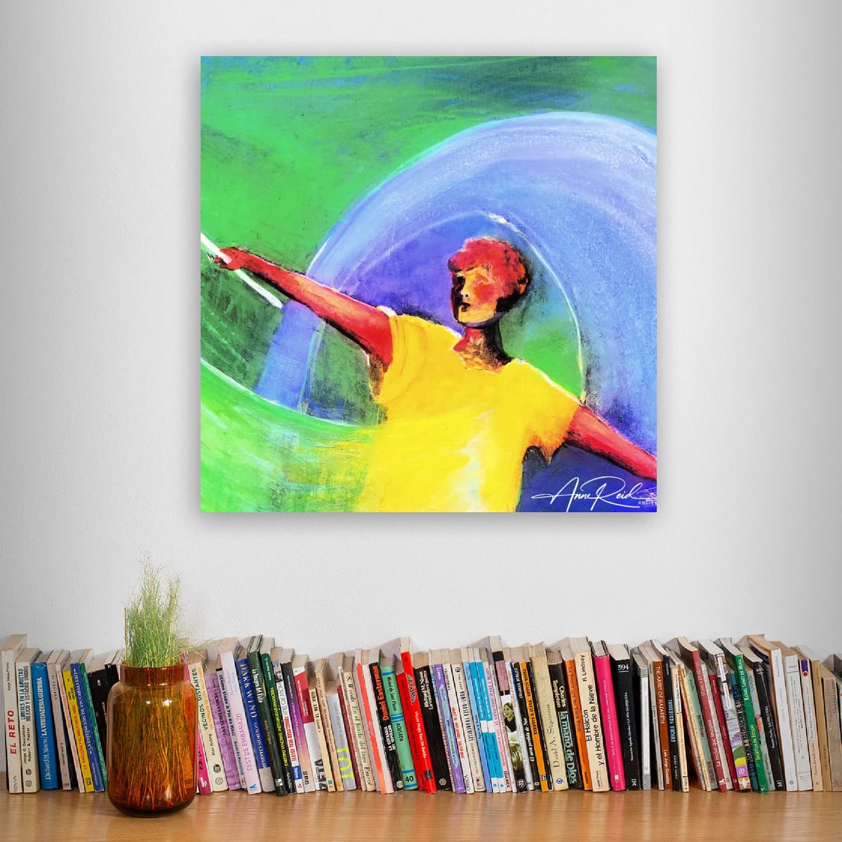 Abstract expressionist painting by colourist Anne Reid Artist featuring a vibrant figure in yellow with outstretched arms against green and blue swirling motion
