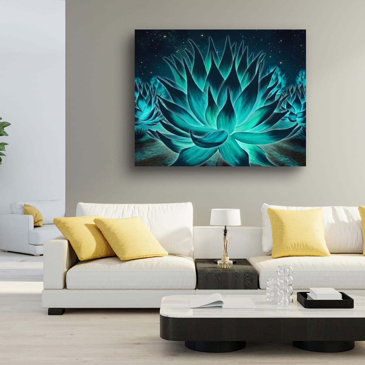 Agave Aurora depicted hanging on a wall of a living room.