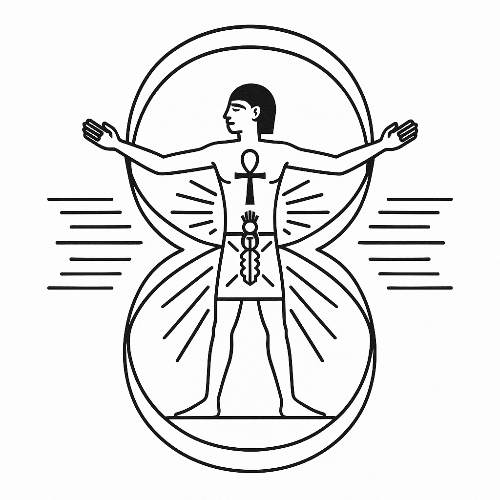 Egyptian figure standing inside toroidal loop with radiating light and ancient glyphs—symbolizing resonance mastery and glyphic immortality
