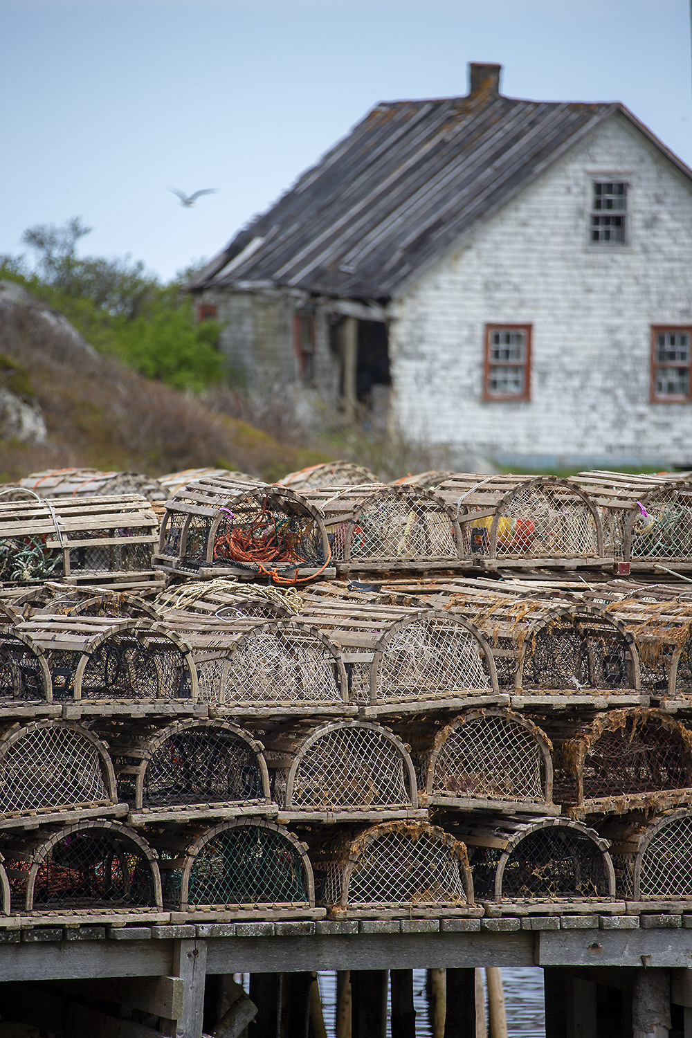 Stacked lobster traps and fishing ropes along Peggy’s Cove harbor representing working coastal culture and maritime heritage