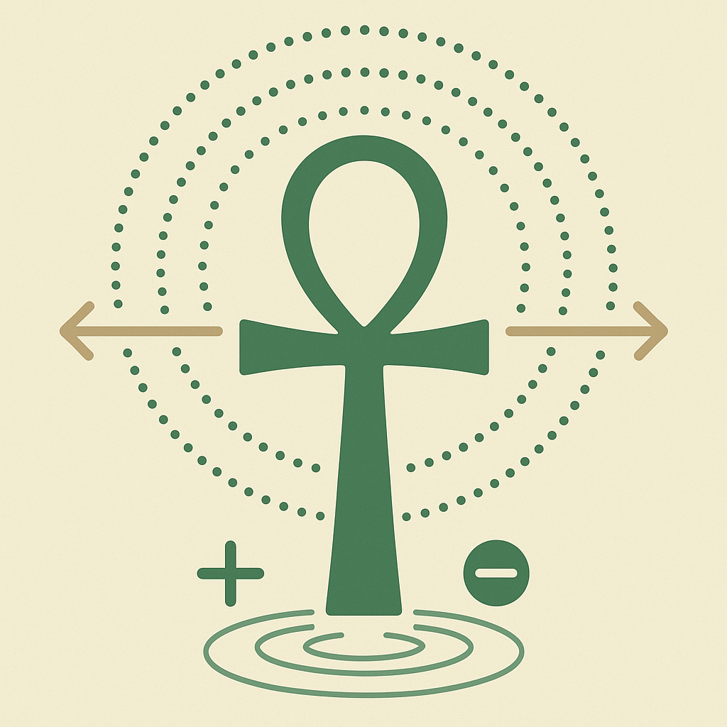 Ankh glyph surrounded by concentric polarity fields with plus and minus symbols, arrows representing electric and magnetic balance—visualizing BioGeometry in field resonance