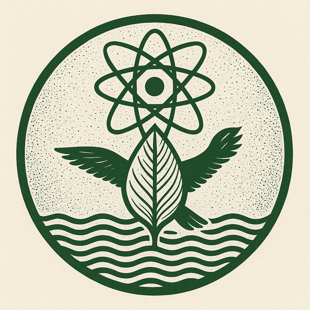 Glyph representing the Unified Quantum Blueprint – combining atom, leaf, wing, and water wave in circular resonance
