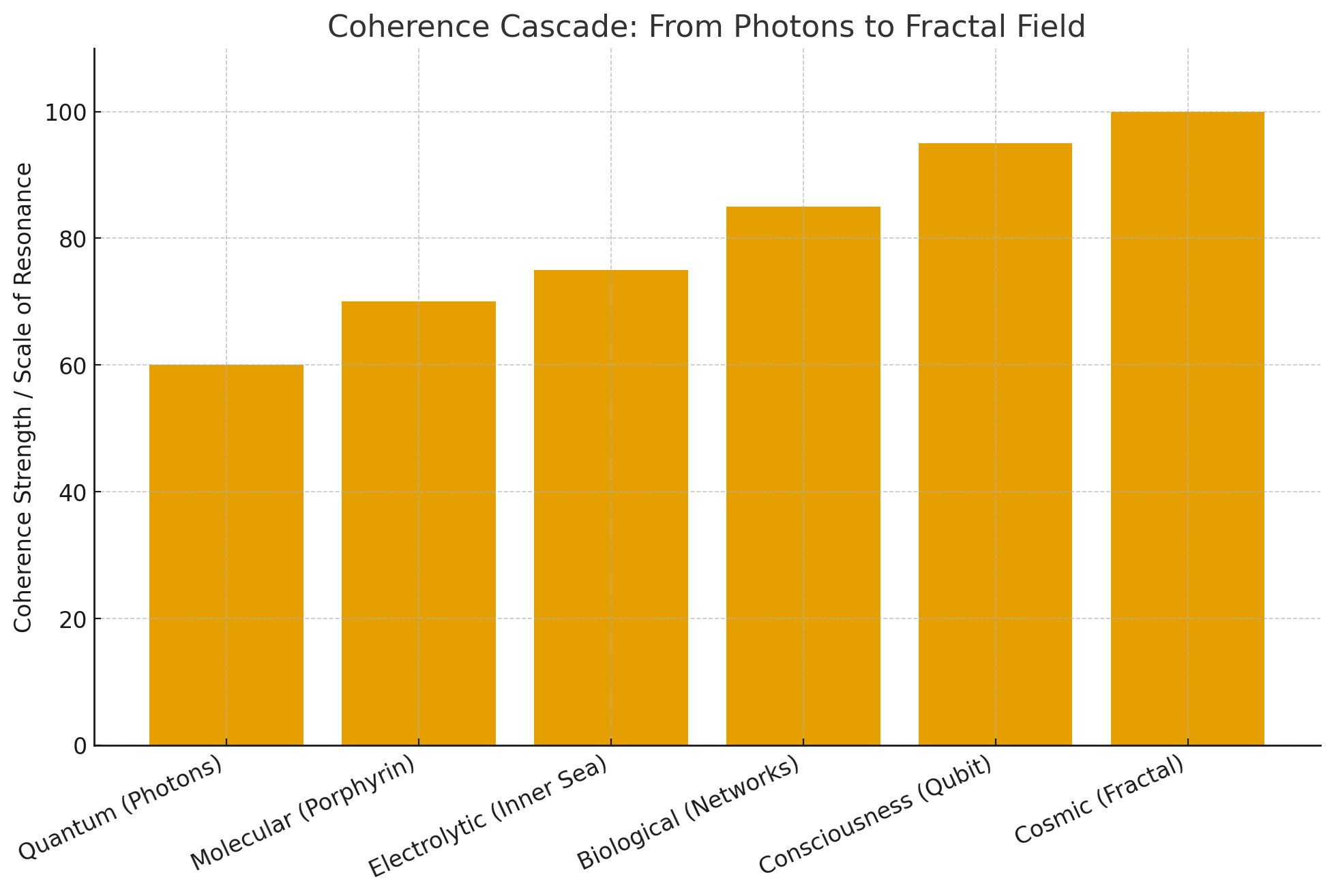 Bar chart showing increasing coherence across six rungs: Quantum (Photons), Molecular (Porphyrin), Electrolytic (Inner Sea), Biological (Networks), Consciousness (Qubit), and Cosmic (Fractal).