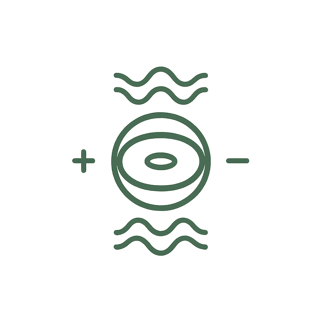 The Breath of Spacetime glyph: a centered torus with wave lines above and below, flanked by a plus and minus symbol, symbolizing polarity and cyclical breath.