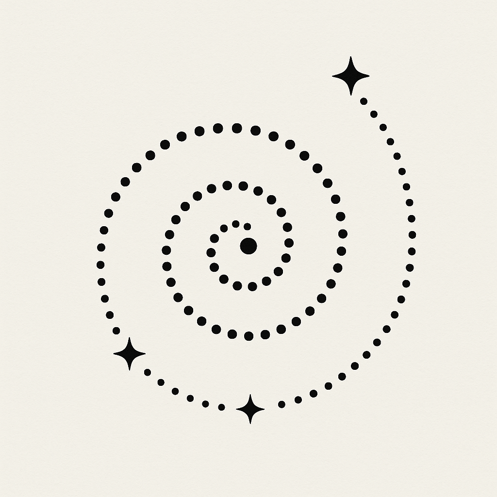 Dot spiral glyph representing pole star precession — with stars marking Thuban, Polaris, and Vega