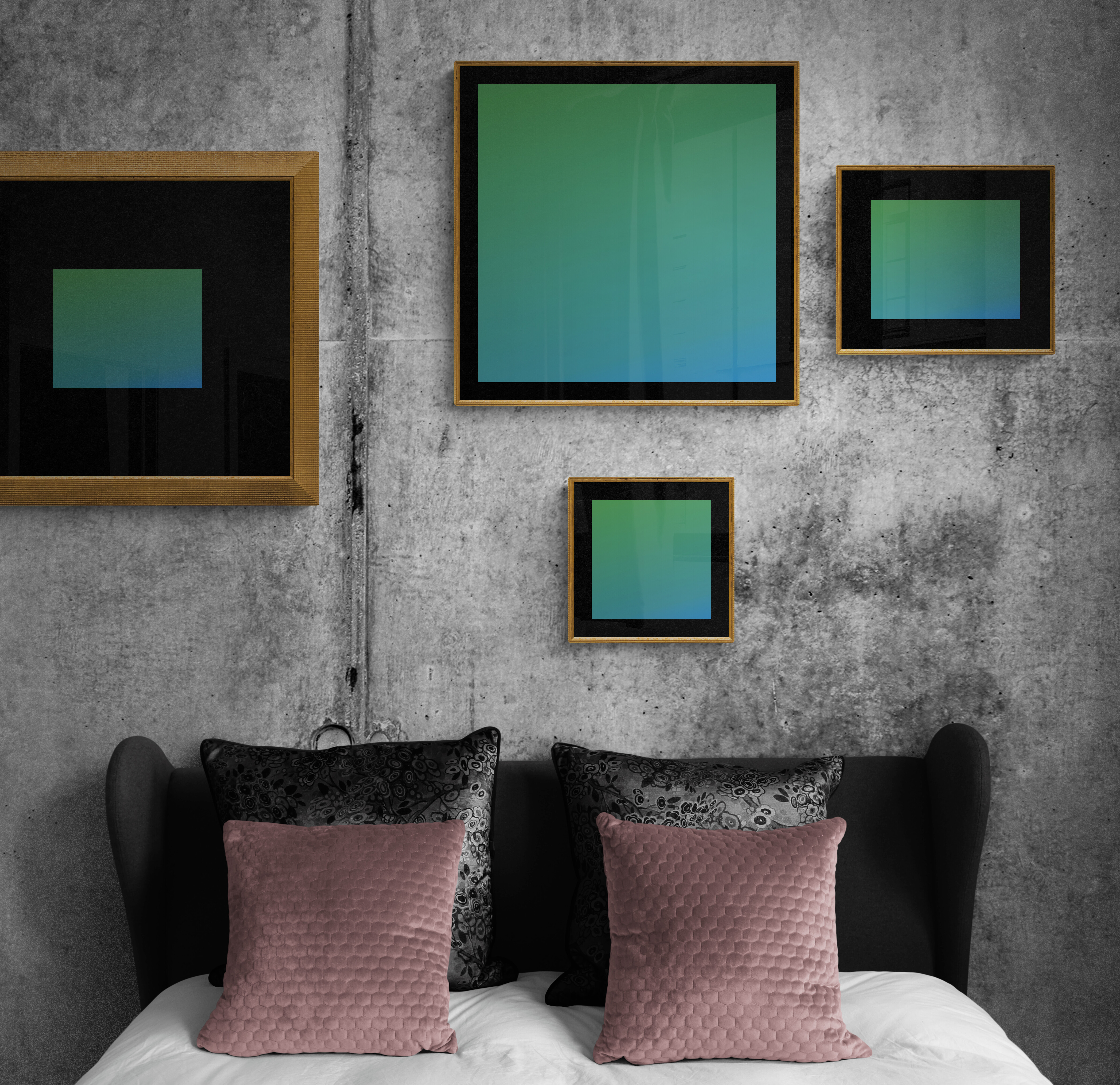 A more chaotic grouping of artwork shows one slightly further away from the others.