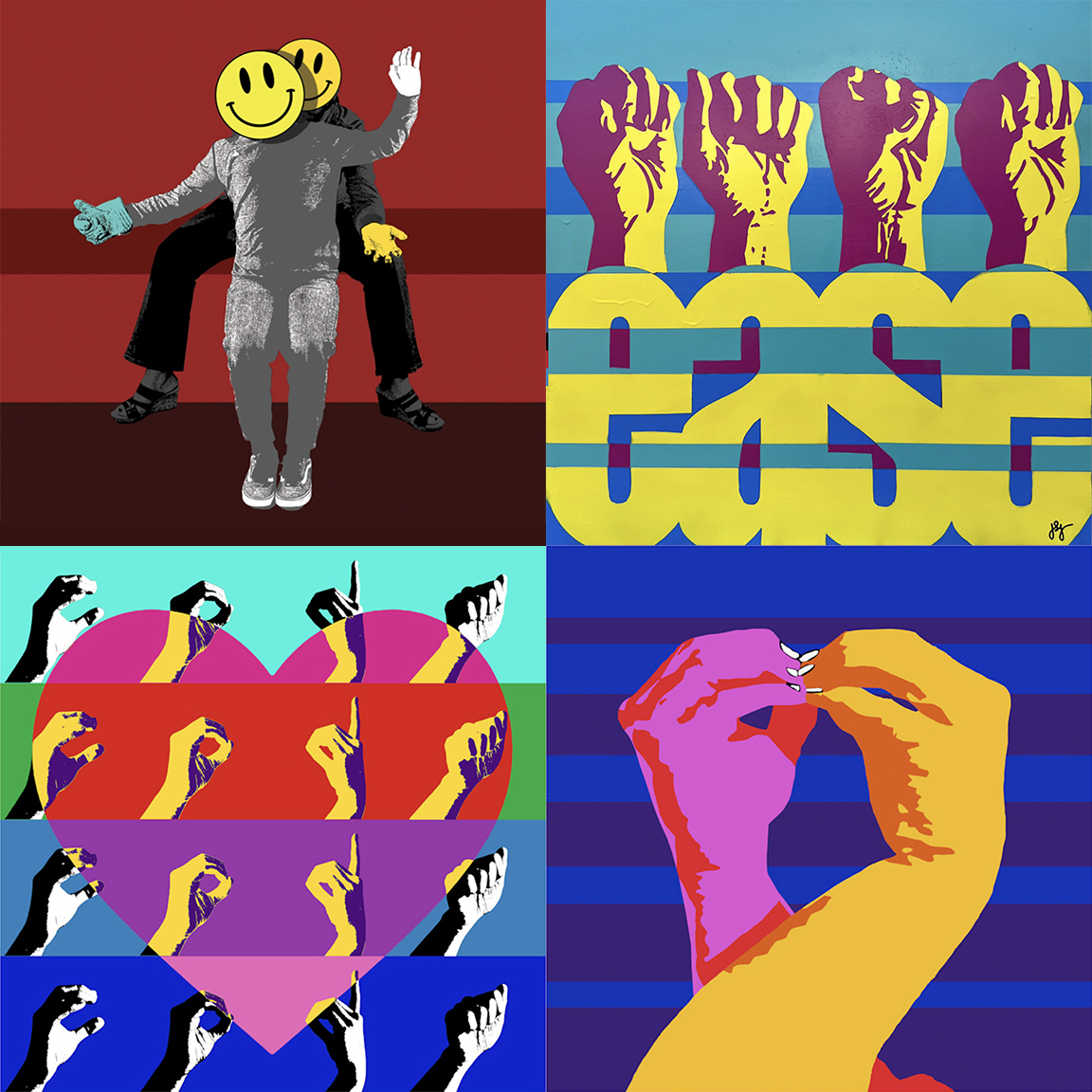 A four-image grid showcasing the contemporary artworks by Jon Savage on view in the 'Neon Afterlife' exhibition. Clockwise from top-left: 'Help Wasted' mixed media; 'Ease' spray paint on wood panel; 'CODA Love' fine art print; and 'Just Kiss' fine art print.