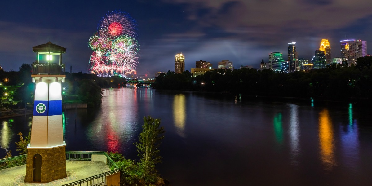 Minneapolis Aquatennial Fireworks Photograph with a lighthouse and the Minneapolis skyline