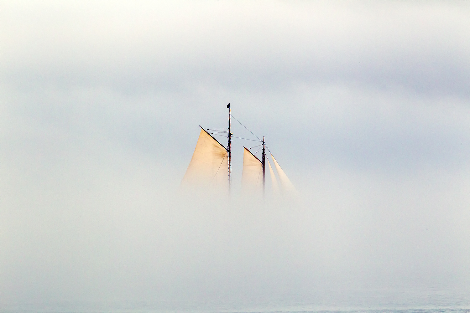 Tall ship emerging through dense sea fog, sails illuminated against muted gray horizon