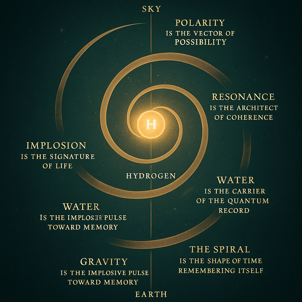 Spiral glyph emerging from hydrogen core with vertical Earth–Sky polarity