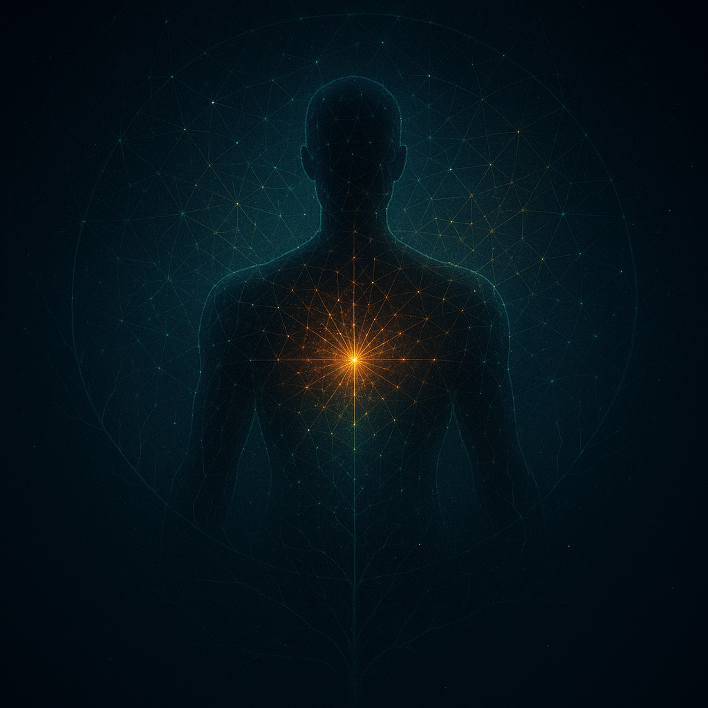 Human silhouette dissolving into a lattice of glowing nodes with a central golden light at the heart—symbolizing consciousness as a node of the universal field.