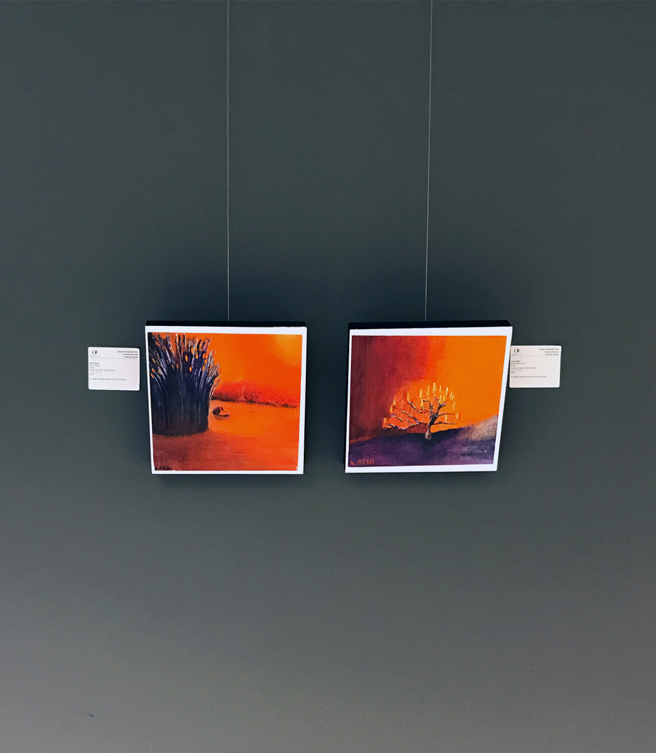 Deliverer and Burning Bush original paintings by Anne Reid Artist installed on office walls in Chatham Ontario