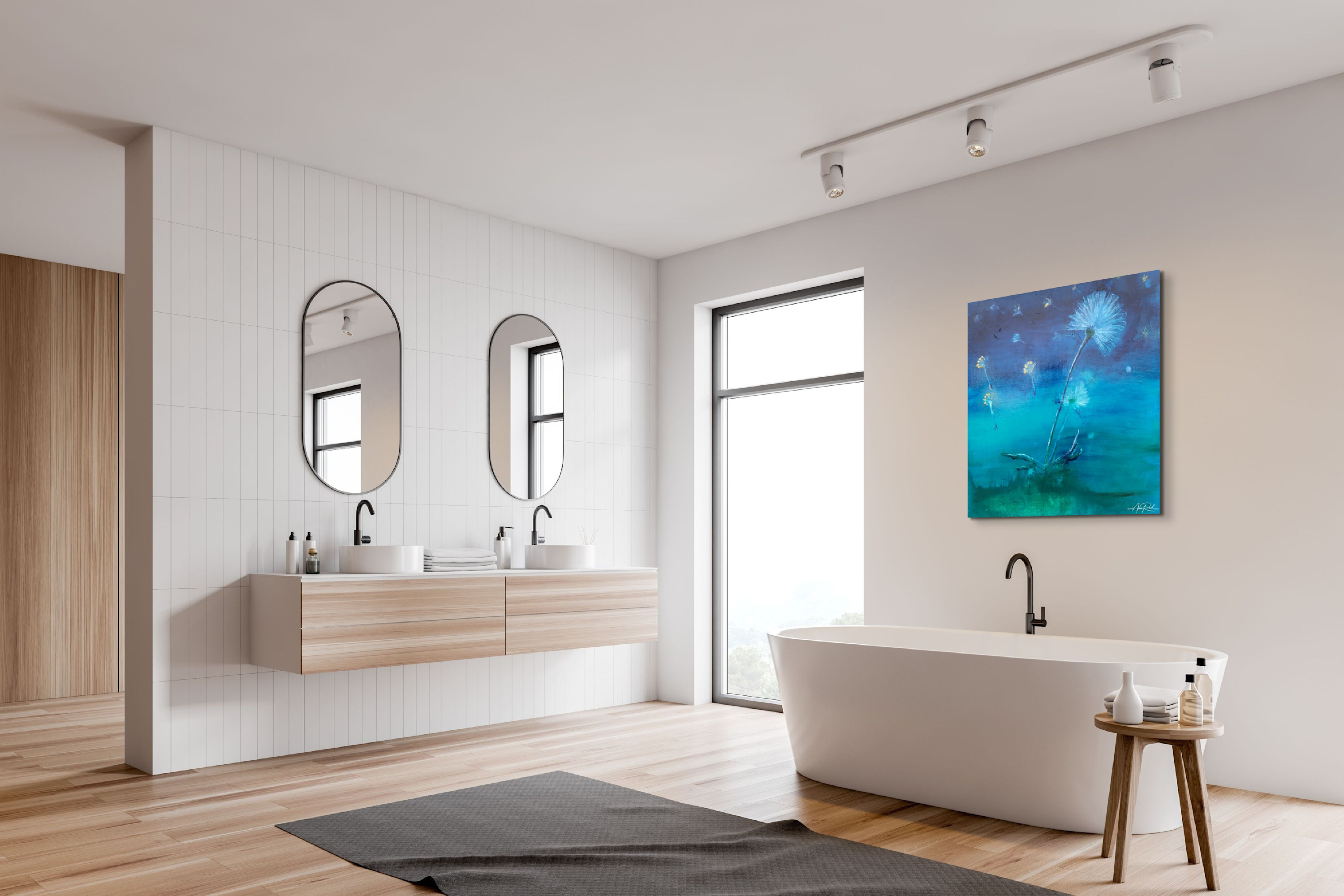 Light and Momentary open edition fine art print by Anne Reid Artist — dandelion seeds in teal and ultramarine, shown in a bright white spa bathroom.