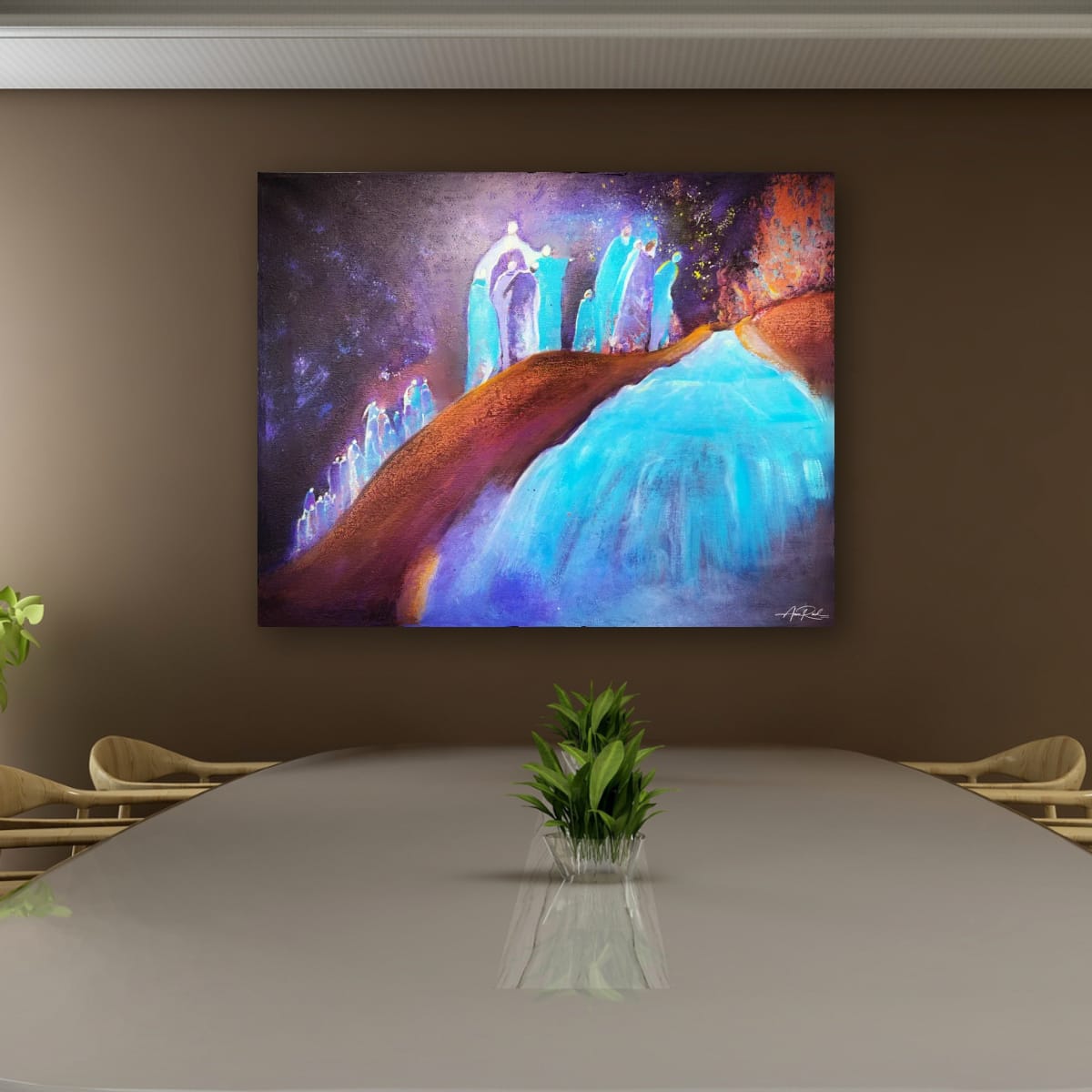 Yellow Remix 4, print by Anne Reid Artist — glowing blue figures ascending a golden hill with cascading turquoise light