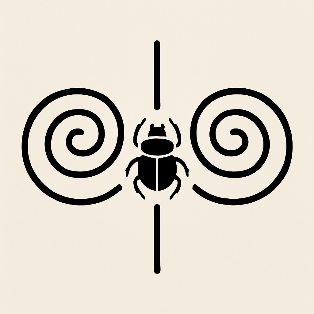 Scarab polarity glyph with dual spirals and central vector axis