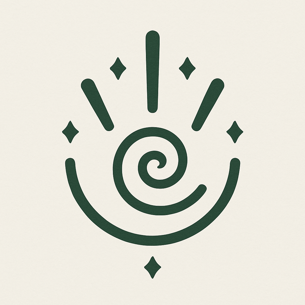 Spiral light glyph with beams and diamonds — symbol of reemerging resonance