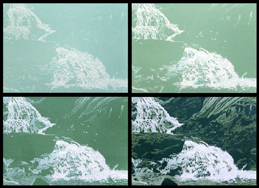 Solitude, impressions 1-4, linocut print by William H. Hays