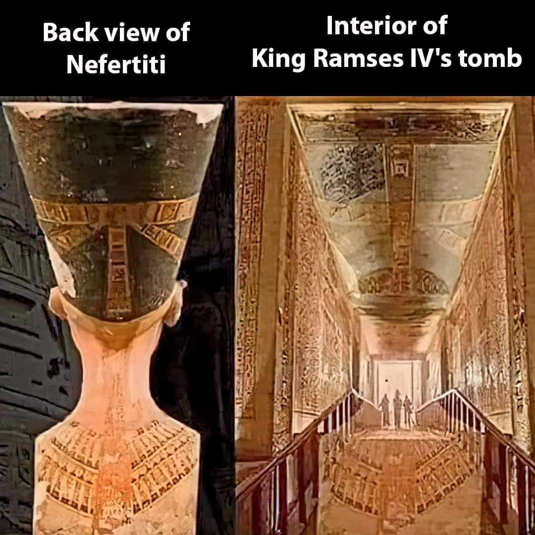Visual harmony between Nefertiti sculpture and tomb corridor of Ramses IV