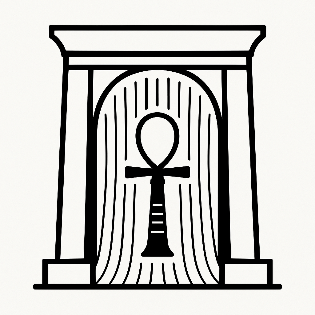 Black and white temple doorway glyph with Djed-Ankh overlay—representing vertical resonance, field stabilization, and sacred geometry thresholds