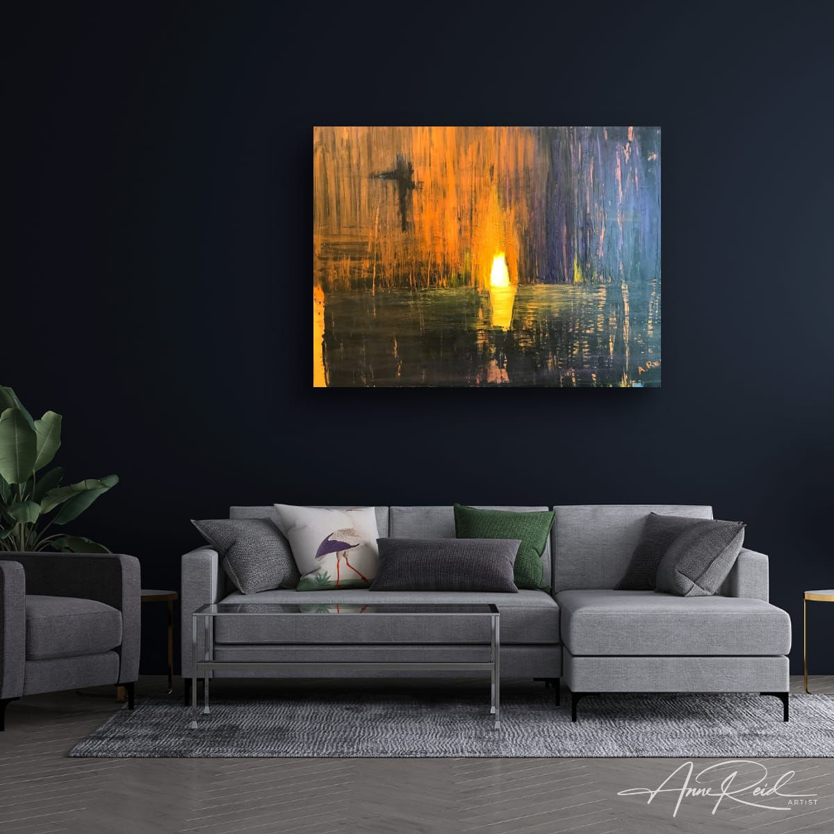 Presence, print – Luminous Abstract for Reflective Interiors: Abstract expressionist painting by colourist Anne Reid Artist featuring a glowing central light, deep brushstrokes, and a cross-like silhouette on rich gold and navy tones