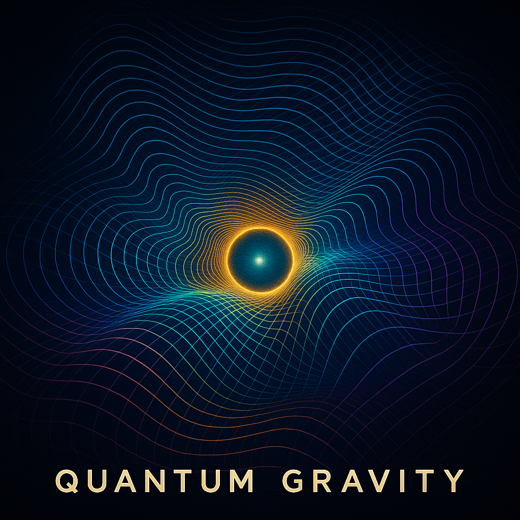 Abstract visualization of quantum gravity with colored field lines radiating from a central sphere