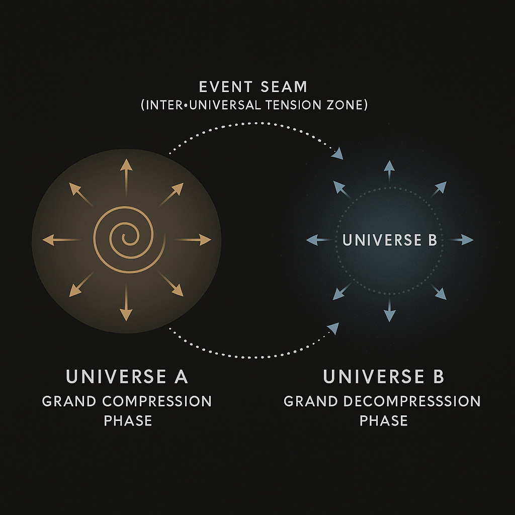 Diagram of a multiverse showing Universe A in compression and Universe B in decompression