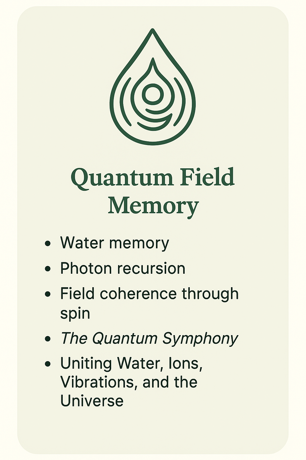 Quantum Field Memory glyph inside droplet with photon spin and wave echoes