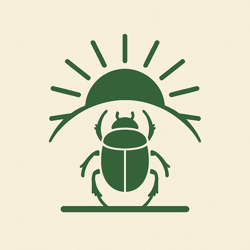 Scarab glyph beneath radiant sun symbolizing field encoding and resurrection
