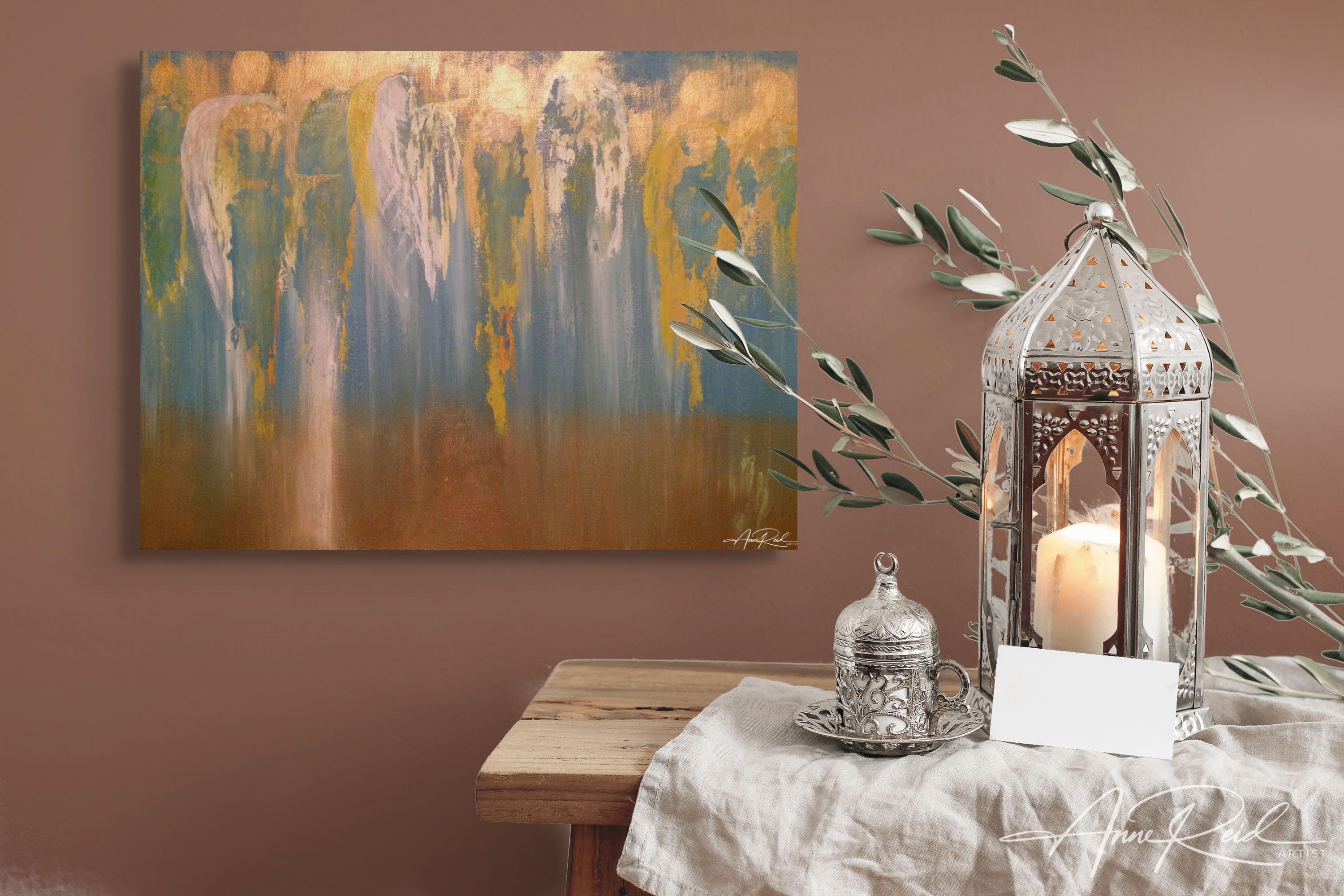 Abstract expressionist painting by Anne Reid Artist, featuring ethereal angelic forms and warm tones, part of Pantone Colour of the Year Collection 2024.
