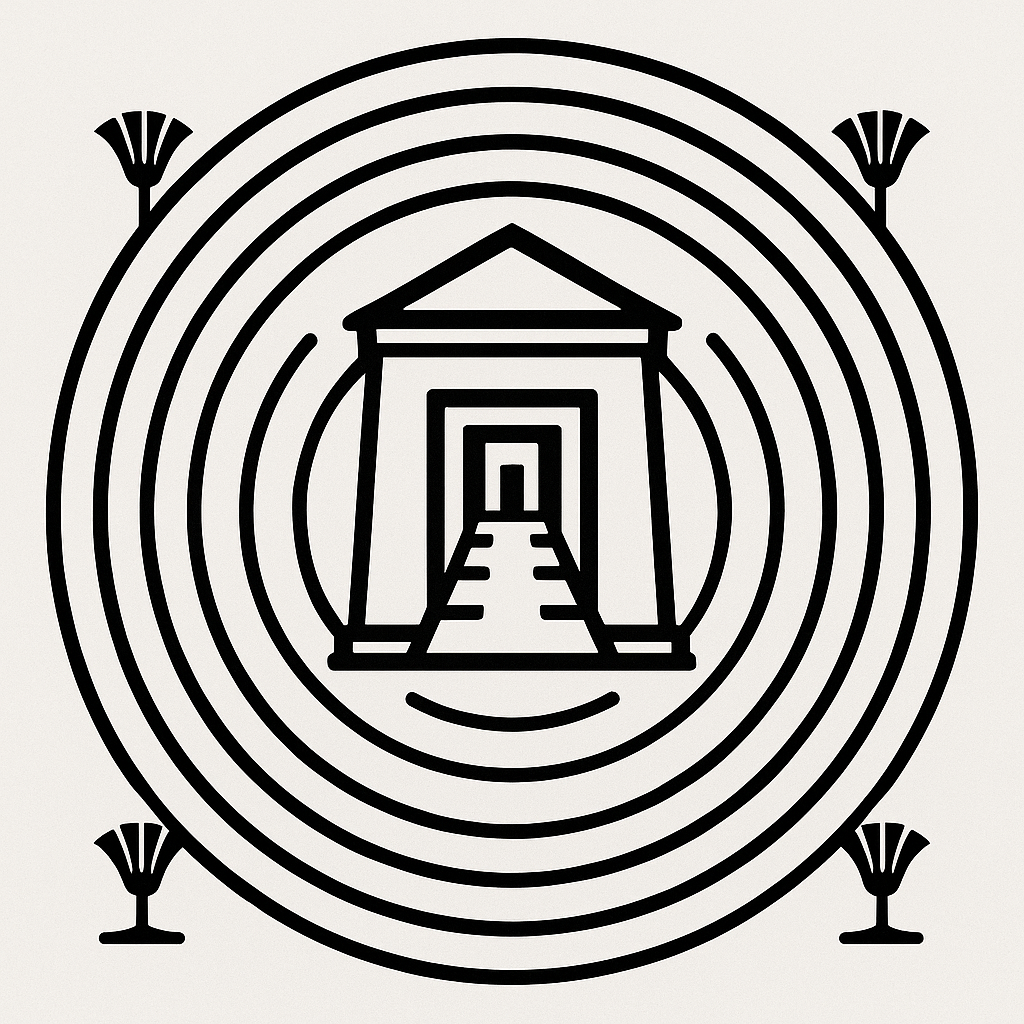 Black and white temple floor plan with concentric resonance circles and lotus glyphs — representing vibrational training and coherence entrainment