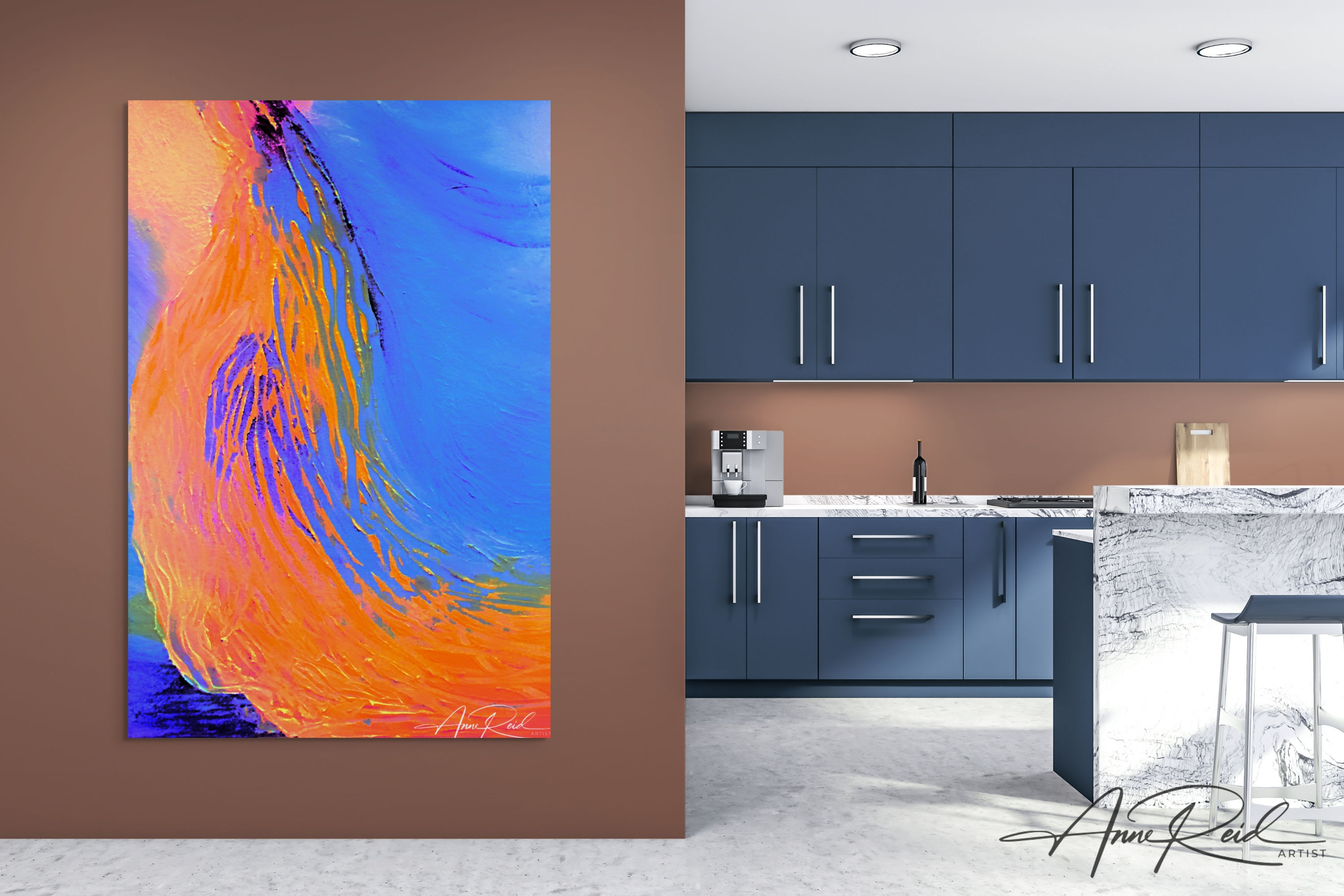 Glory Stream 3 abstract print in modern blue kitchen—vibrant orange and cobalt brushstrokes by Anne Reid Artist