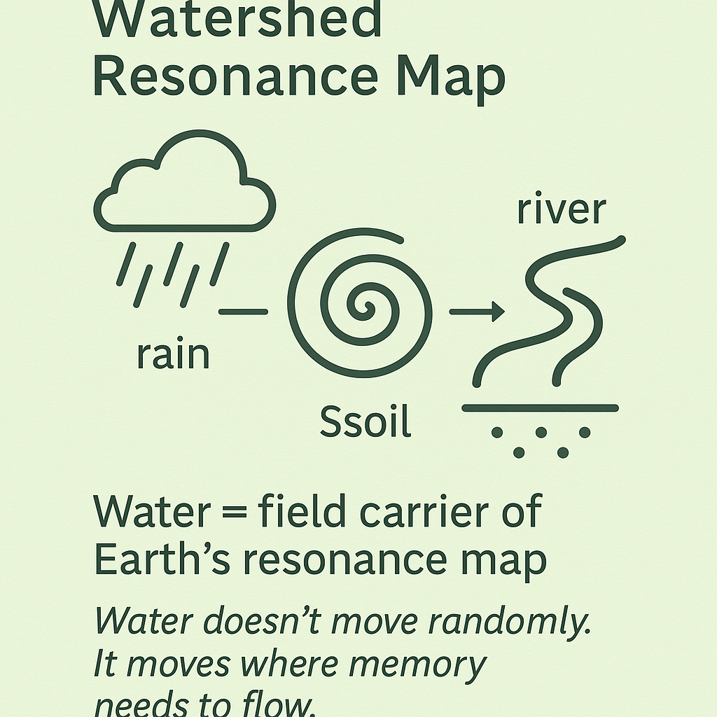 Diagram showing rain, river, and soil as memory-flow pathways in Earth's field