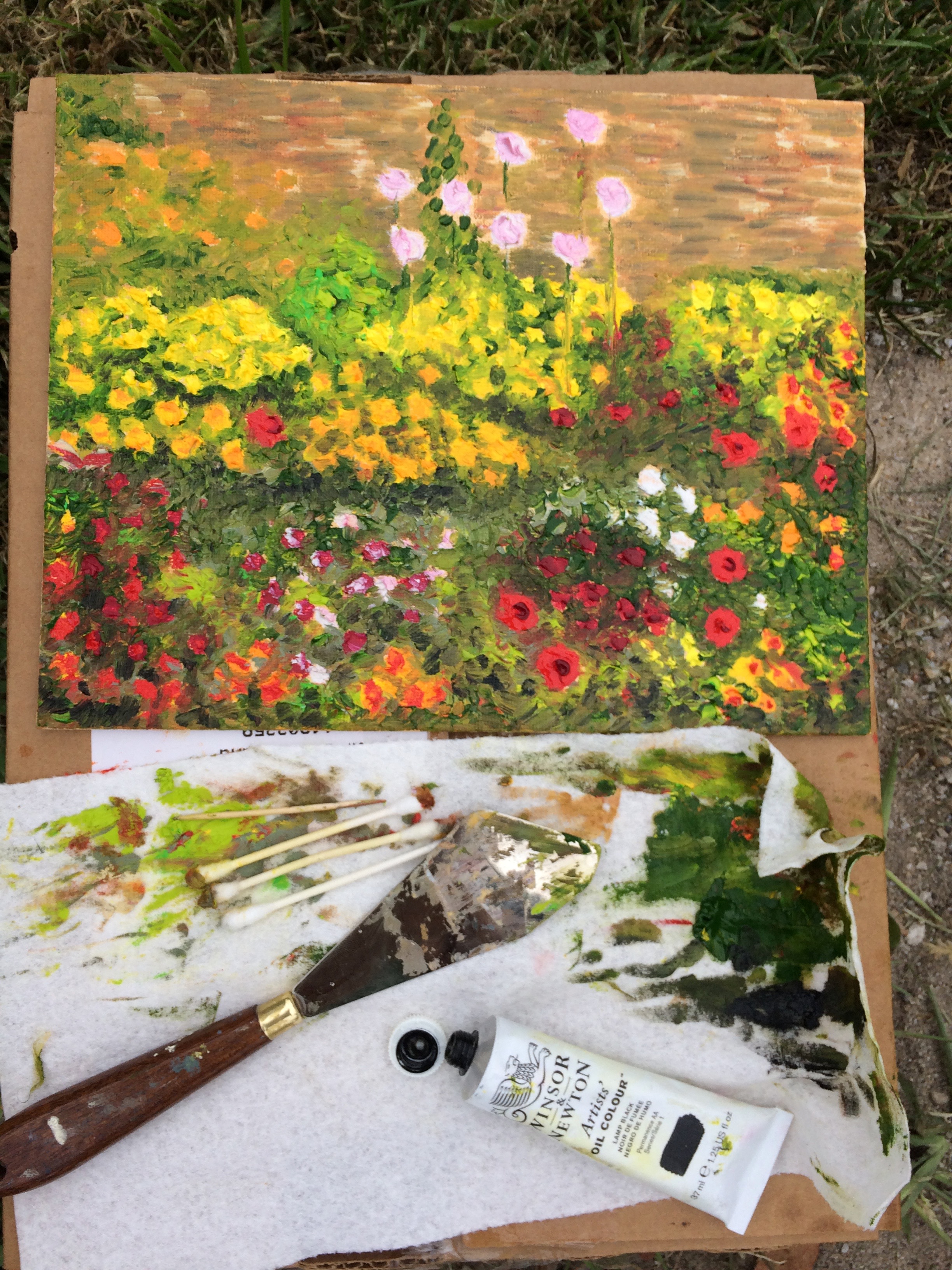 Monet Styled Plein Air Palette Knife Painting Oil on Canvas: created without my glasses (like Monet used to do) during the 2019 Fresh Paint plein air painting competition in the Amana Colonies put on by Catiri's Art Oasis.  This is a painting of the garden just outside of The Chocolate Haus by Native Iowa Artist, Marie Stephens