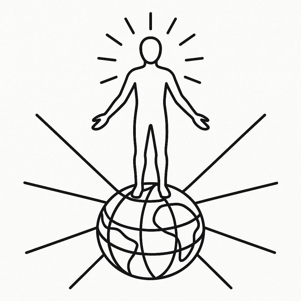 Black and white glyph of barefoot human standing on ley lines, radiating resonance into the planetary grid