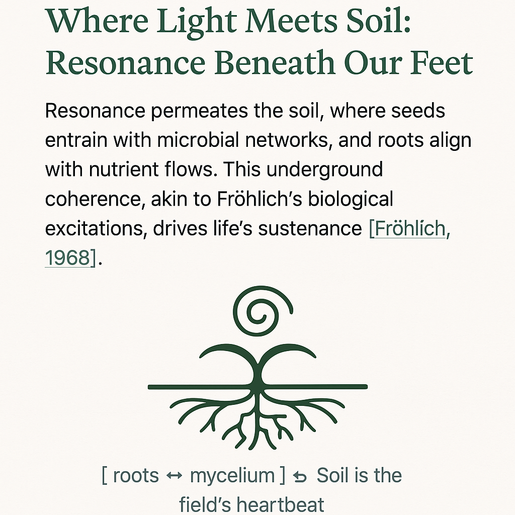 Soil resonance glyph showing roots, mycelium, and field spiral
