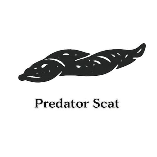 Predator scat glyph showing a tubular, slightly twisted form with tapered ends and internal texture marks