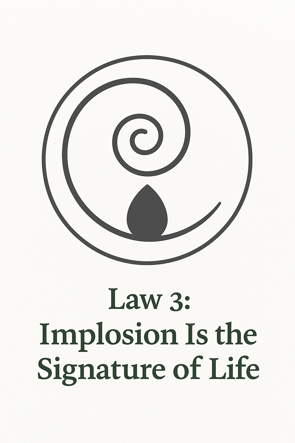 Implosion spiral converging into seed symbol – Law 3 glyph