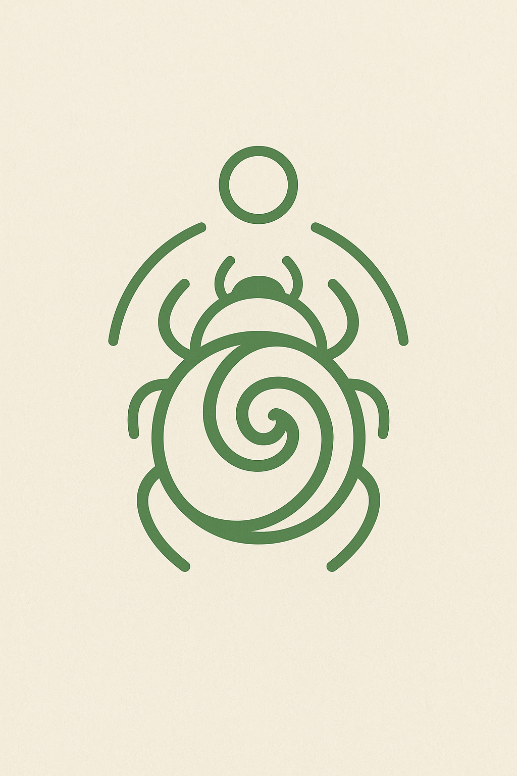 Scarab glyph with spiral core and solar disc above — symbol of recursion and cosmic memory
