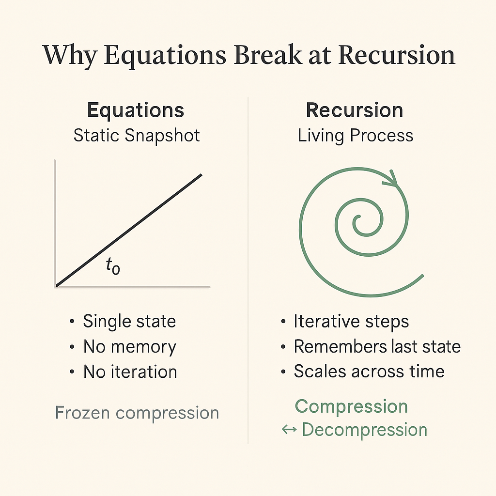 Diagram comparing static equations to recursive living processes