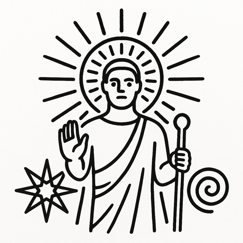 Black and white glyph of a human radiating light, mistaken for a divine figure—symbolizing coherence mistaken for divinity