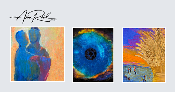 Triptych of Ruth Harvest 5, The Apple 3, and Ruth & Boaz open edition prints on a soft grey background