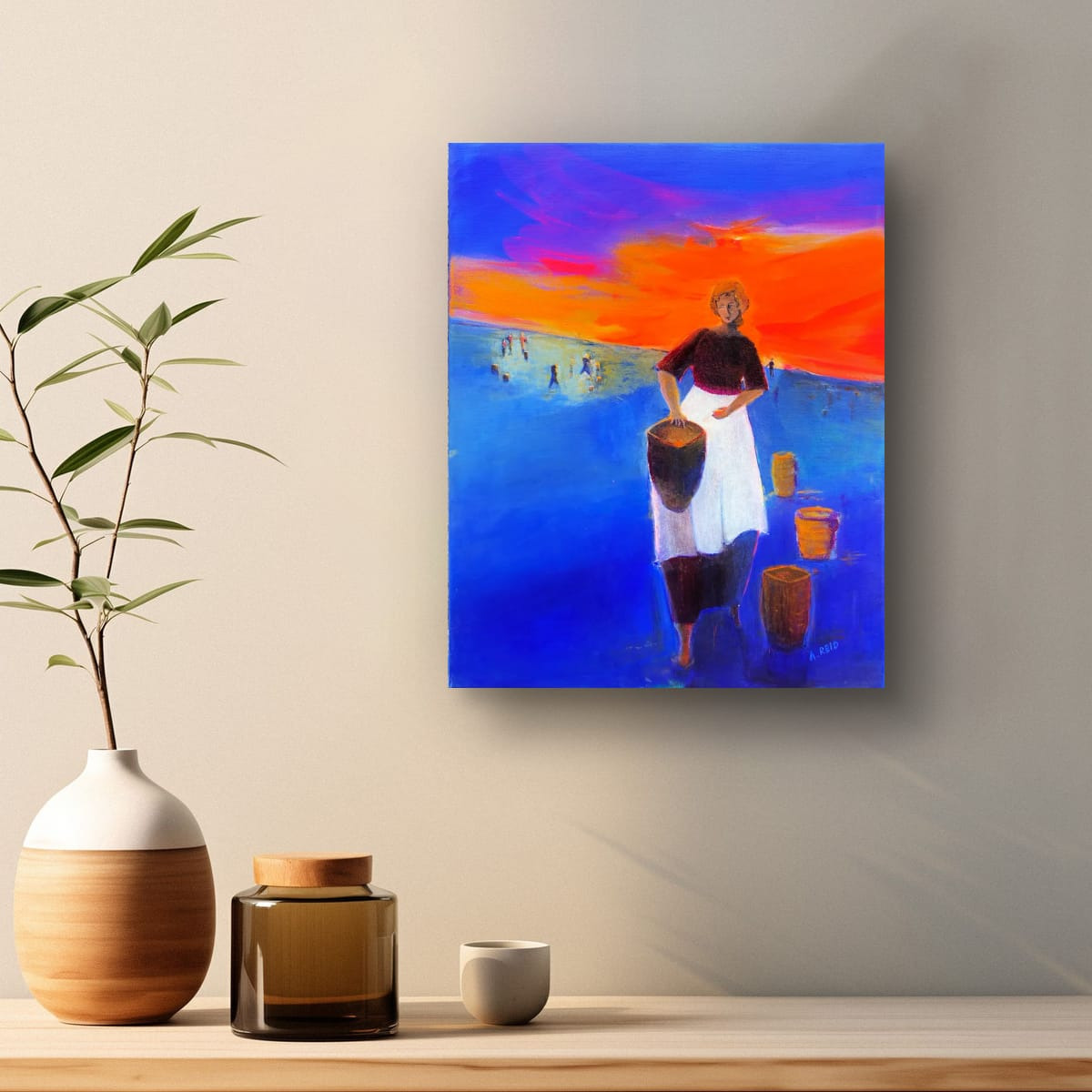 Ruth art print hanging in a light hallway above a wooden console with ceramic vases