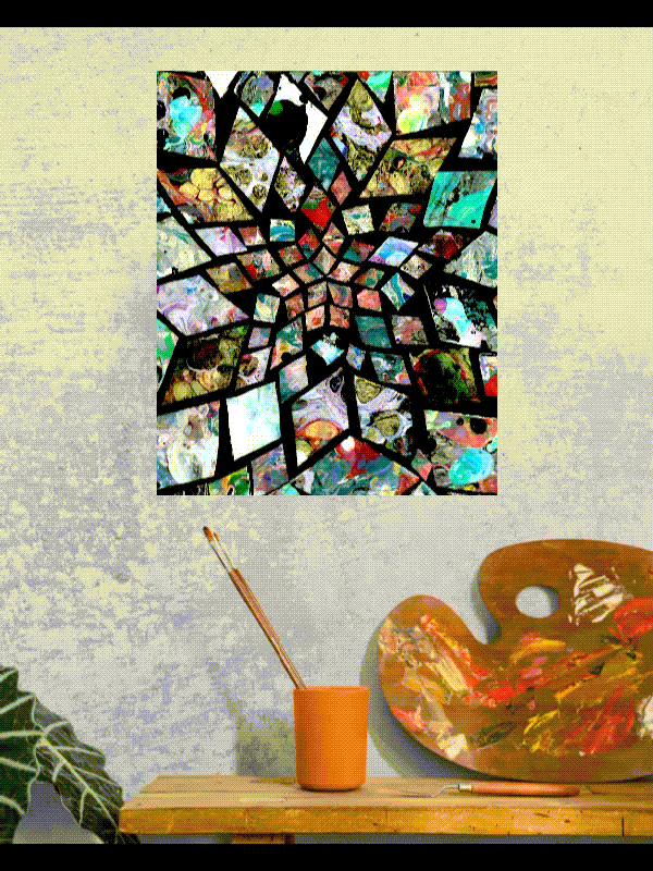 Available prints displayed on wall. 