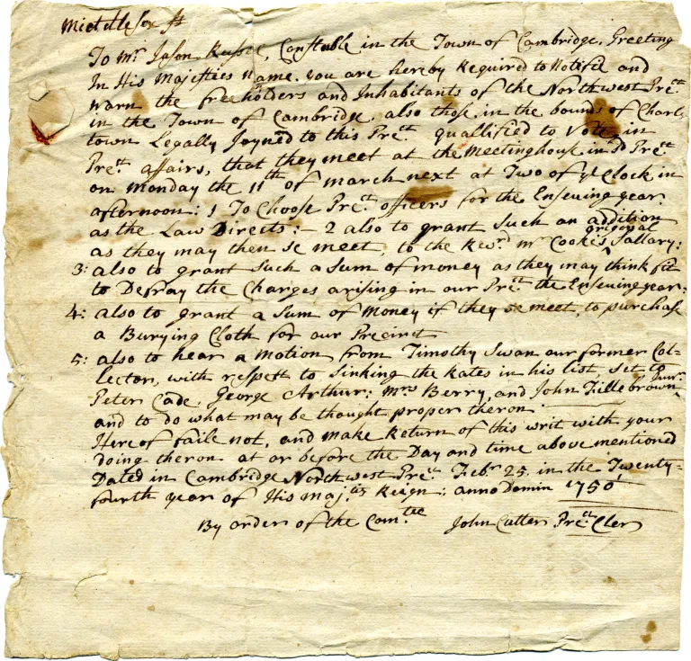 Handwritten town meeting notice from colonial Massachusetts