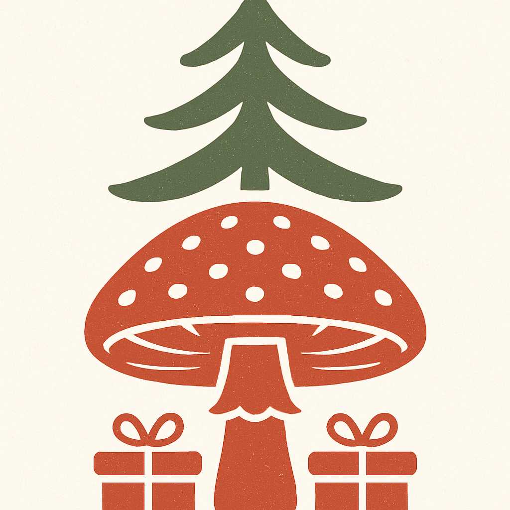 Stylized glyph of red mushroom beneath pine tree with holiday symbolism