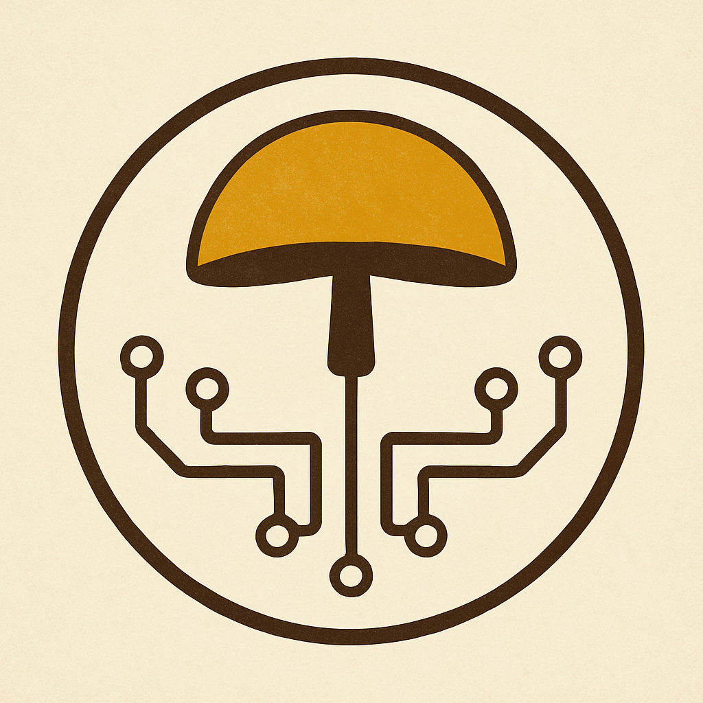 Glyph of mushroom fused with bioelectric circuit symbolizing field coherence