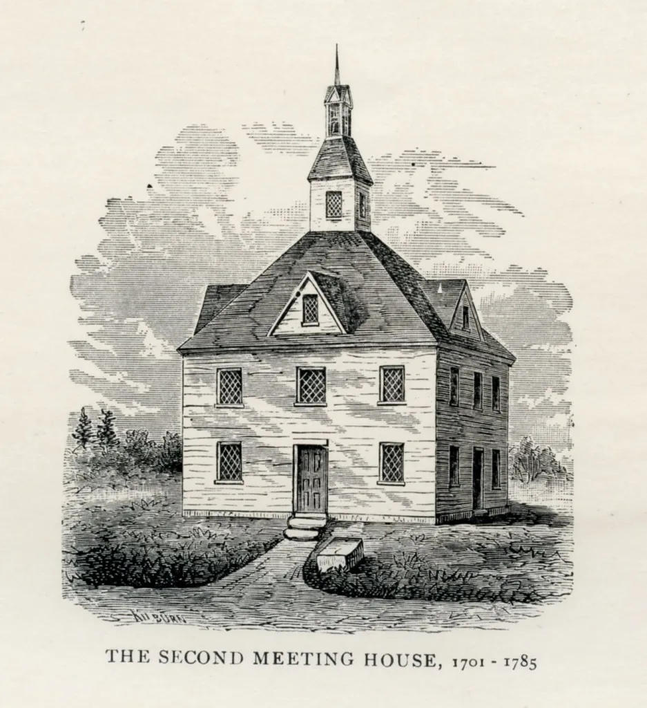 Engraving of an early New England meeting house, second meeting house 1701–1785