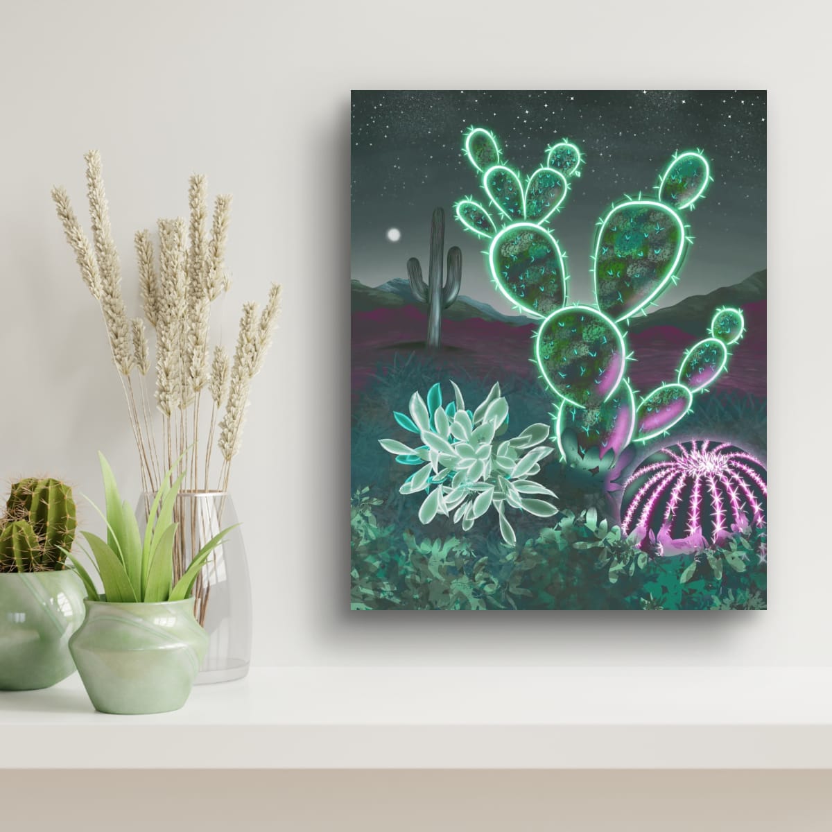 "Neon Nightscape" depicted above a shelf.